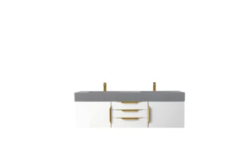 Mercer Island 59" Double Vanity, Glossy White, Radiant Gold w/ Dusk Grey Glossy Composite Stone Top