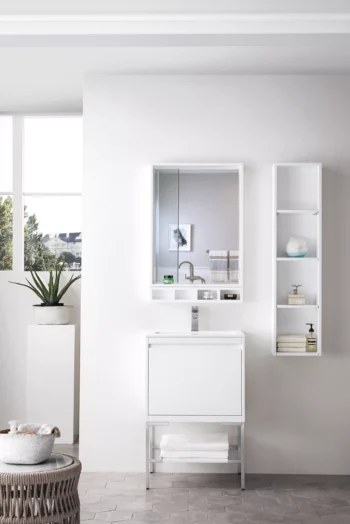 Mantova 23.6" Single Vanity, Glossy White, Brushed Nickel Base w/ Glossy White Composite Stone Top - Image 2