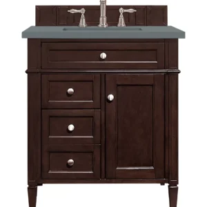 Brittany 30″ Single Vanity, Burnished Mahogany, w/ 3 CM Cala Blue Top