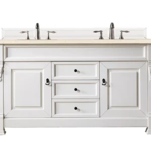 Brookfield 60″ Double Vanity, Bright White w/ 3 CM Eternal Marfil Quartz Top