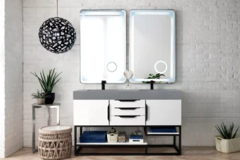 Columbia 59" Double Vanity, Glossy White, Matte Black w/ Dusk Grey Glossy Composite Stone Top - Image 2