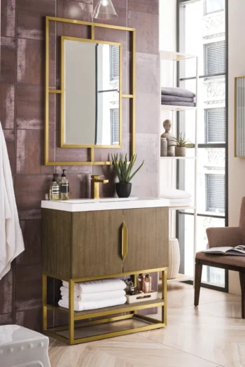 Columbia 31.5" Single Vanity, Latte Oak, Radiant Gold, w/ White Glossy Composite Stone Top - Image 3