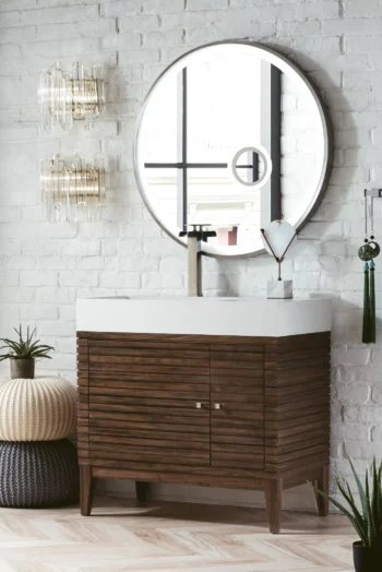 Linear 36" Single Vanity, Mid-Century Walnut w/ Glossy White Composite Stone Top - Image 3
