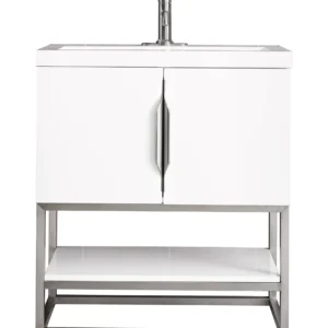 Columbia 31.5″ Single Vanity, Glossy White, Brushed Nickel, w/ White Glossy Composite Stone Top