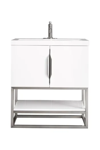 Columbia 31.5" Single Vanity, Glossy White, Brushed Nickel, w/ White Glossy Composite Stone Top