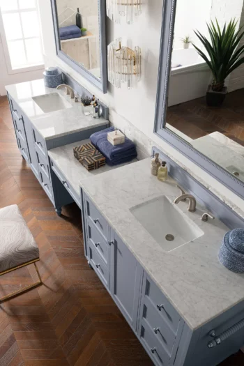 Copper Cove Encore 122" Double Vanity Set, Silver Gray w/ 3 CM Carrara Marble Top - Image 2