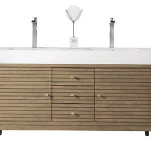 Linear 59″ Double Vanity Whitewashed Walnut w/ Glossy White Composite Stone Top