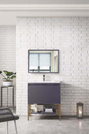 Milan 31.5" Single Vanity, Modern Gray Glossy, Radiant Gold w/ Glossy White Composite Stone Top - Image 2