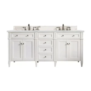 Brittany 72″ Double Vanity, Bright White Vanity w/ 3 CM Ethereal Noctis Quartz Top