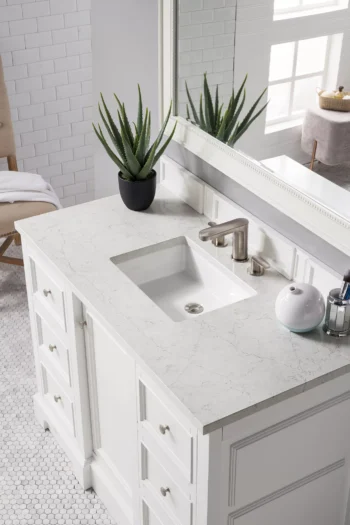 De Soto 48" Single Vanity, Bright White w/ 3 CM Eternal Jasmine Pearl Quartz Top - Image 3