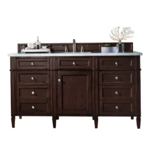 Brittany 60″ Single Vanity, Burnished Mahogany w/ 3 CM Arctic Fall Solid Surface Top