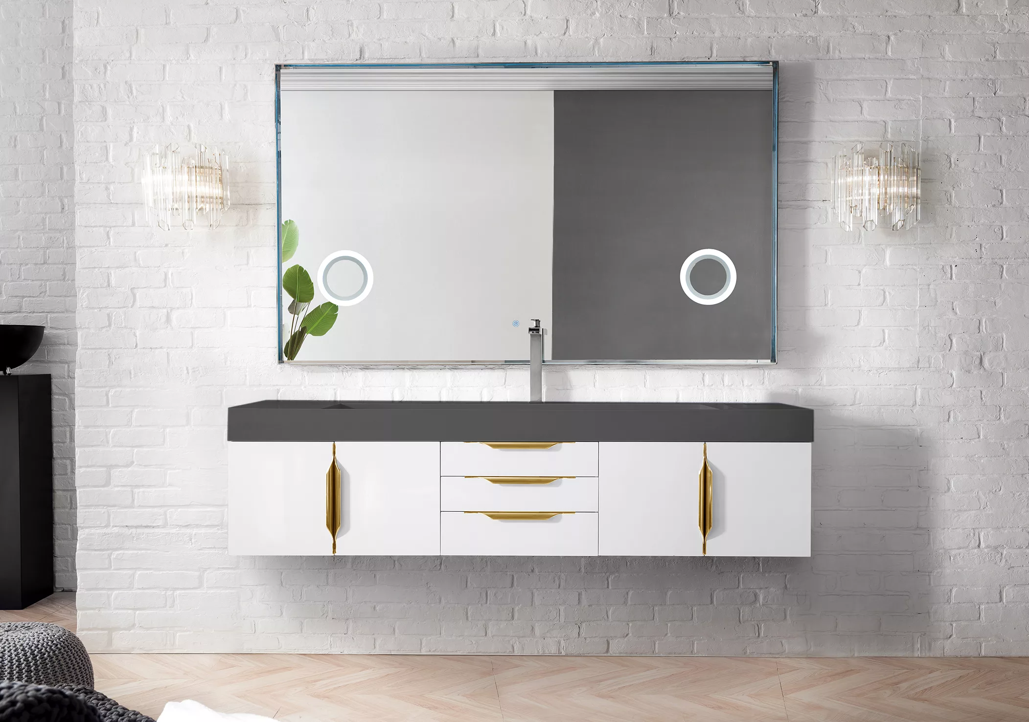 Mercer Island 72" Single Vanity, Glossy White, Radiant Gold w/ Dusk Grey Glossy Composite Stone Top - Image 2