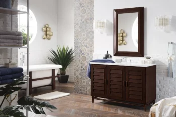 Portland 48" Single Vanity, Burnished Mahogany w/ 3 CM Carrara Marble Top - Image 3