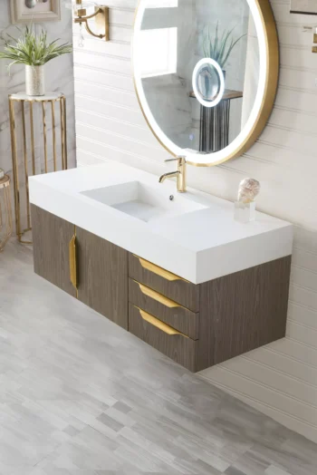 Mercer Island 48" Single Vanity, Ash Gray, Radiant Gold w/ Glossy White Composite Stone Top - Image 3