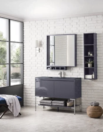 Milan 47.3" Single Vanity, Modern Gray Glossy, Brushed Nickel w/ Charcoal Black Composite Stone Top - Image 3