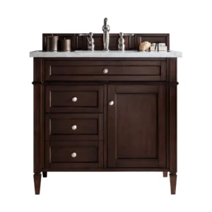 Brittany 36″ Single Vanity, Burnished Mahogany w/ 3 CM Arctic Fall Solid Surface Top