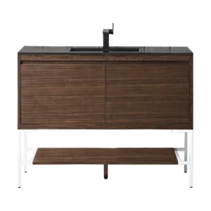 Milan 47.3″ Single Vanity, Mid-Century Walnut, Glossy White w/ Charcoal Black Composite Stone Top