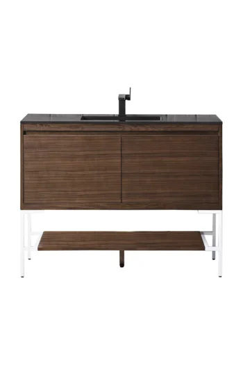 Milan 47.3" Single Vanity, Mid-Century Walnut, Glossy White w/ Charcoal Black Composite Stone Top