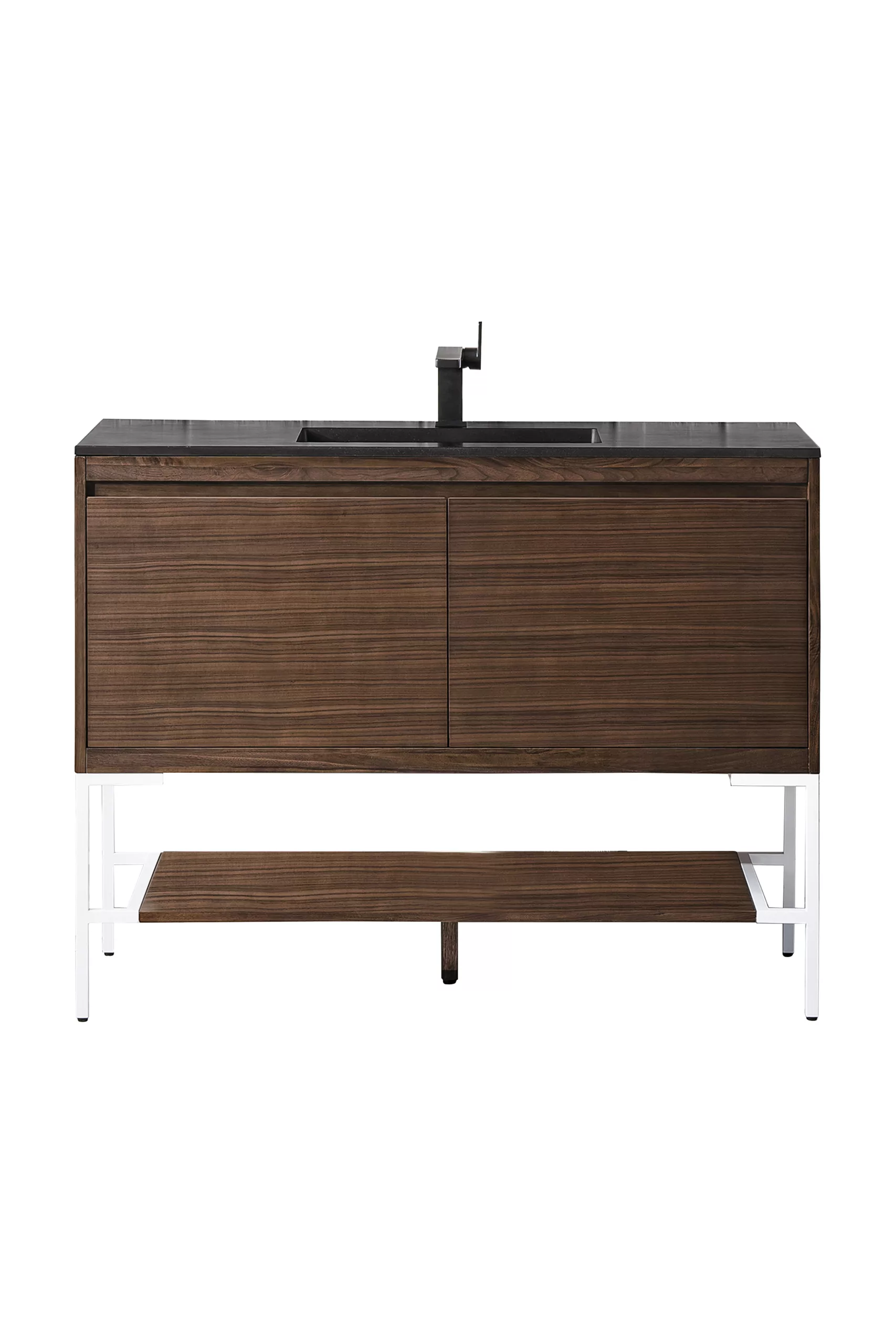 Milan 47.3" Single Vanity, Mid-Century Walnut, Glossy White w/ Charcoal Black Composite Stone Top