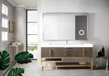 Columbia 72" Single Vanity, Ash Gray, Radiant Gold w/ Glossy White Composite Stone Top - Image 2