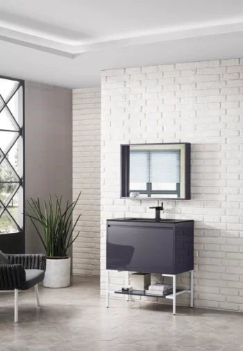 Milan 31.5" Single Vanity, Modern Gray Glossy, Glossy White w/ Charcoal Black Composite Stone Top - Image 3