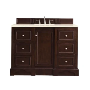 De Soto 48″ Single Vanity, Burnished Mahogany w/ 3 CM Eternal Marfil Quartz Top