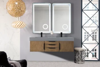 Mercer Island 59" Double Vanity, Latte Oak, Matte Black w/ Dusk Grey Glossy Composite Stone Top - Image 2