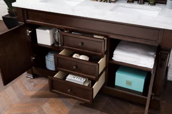 Brookfield 60" Double Vanity, Burnished Mahogany w/ 3 CM Carrara Marble Top - Image 4