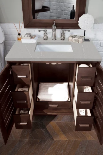 Portland 36" Single Vanity, Burnished Mahogany w/ 3 CM Eternal Serena Quartz Top - Image 4