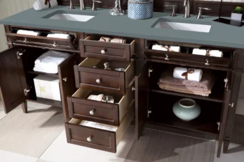 Brittany 72" Double Vanity, Burnished Mahogany w/ 3 CM Cala Blue Top - Image 4