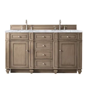 Bristol 60″ Double Vanity, Whitewashed Walnut w/ 3 CM Carrara Marble Top