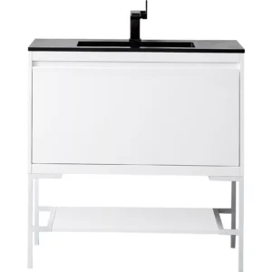 Milan 35.4″ Single Vanity, Glossy White, Glossy White w/ Charcoal Black Composite Stone Top