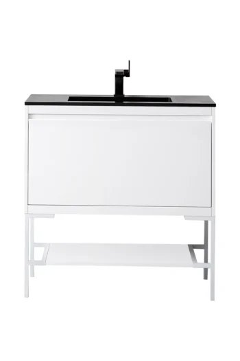 Milan 35.4" Single Vanity, Glossy White, Glossy White w/ Charcoal Black Composite Stone Top