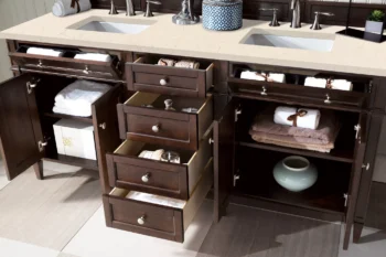 Brittany 72" Double Vanity, Burnished Mahogany w/ 3 CM Eternal Marfil Quartz Top - Image 4