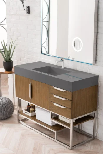 Columbia 48" Single Vanity, Latte Oak w/ Dusk Grey Glossy Composite Stone Top - Image 3