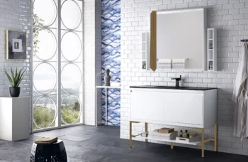Milan 47.3" Single Vanity, Glossy White, Radiant Gold w/ Charcoal Black Composite Stone Top - Image 3