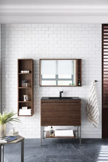 Mantova 31.5" Single Vanity, Mid-Century Walnut, Brushed Nickel Base w/ Charcoal Black Composite Stone Top - Image 2