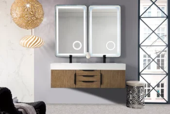 Mercer Island 59" Double Vanity, Latte Oak, Matte Black w/ Glossy White Composite Stone Top - Image 2