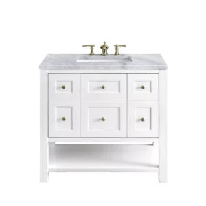 Breckenridge 36″ Single Vanity, Bright White w/ 3 CM Carrara Marble Top