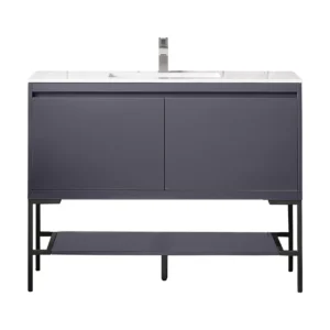 Milan 47.3″ Single Vanity, Modern Gray Glossy, Matte Black w/ Glossy White Composite Stone Top