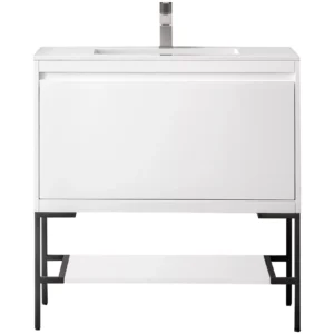 Milan 35.4″ Single Vanity, Glossy White, Matte Black w/ Glossy White Composite Stone Top
