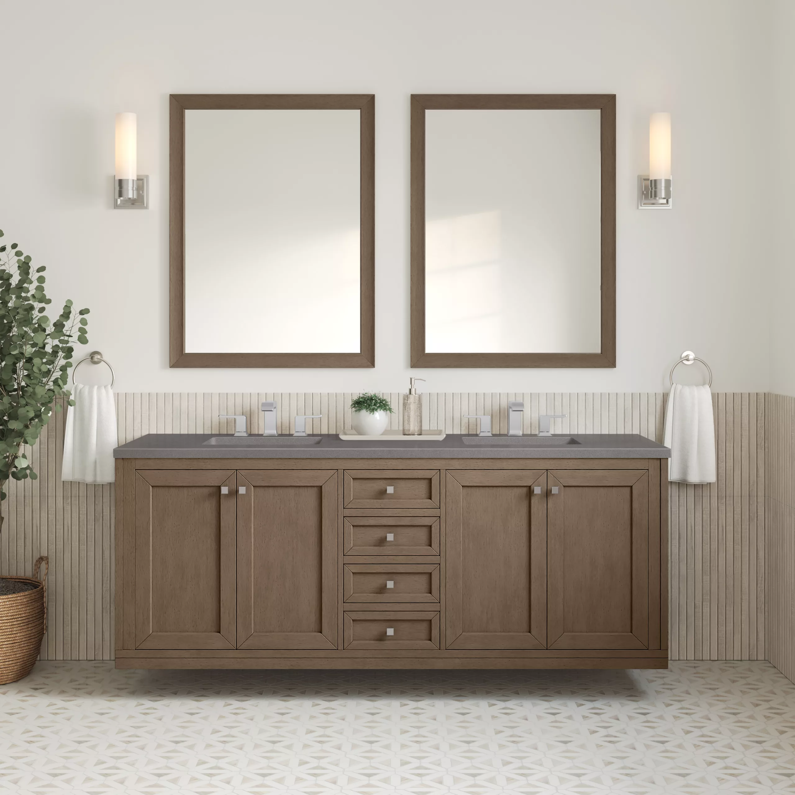 Chicago 72" Double Vanity, Whitewashed Walnut w/ 3 CM Grey Expo Quartz Top - Image 3