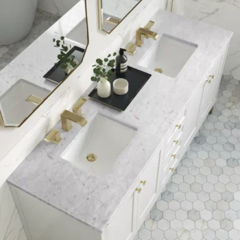 Chicago 72" Double Vanity, Glossy White w/ 3 CM Carrara Marble Top - Image 4