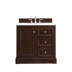 De Soto 36″ Single Vanity, Burnished Mahogany w/ 3 CM Arctic Fall Solid Surface Top