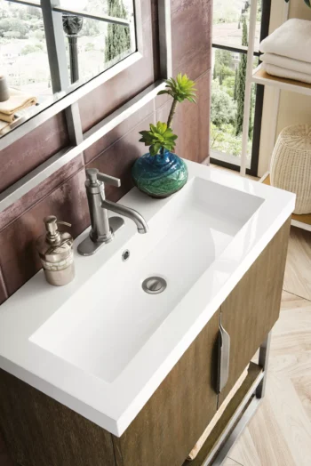 Columbia 31.5" Single Vanity, Latte Oak, Brushed Nickel, w/ White Glossy Composite Stone Top - Image 6