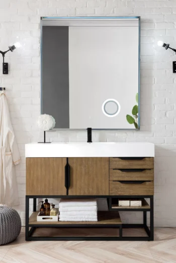 Columbia 48" Single Vanity, Latte Oak, Matte Black w/ Glossy White Composite Stone Top - Image 2