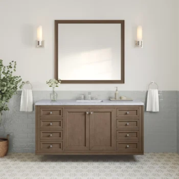Chicago 60" Single Vanity, Whitewashed Walnut w/ 3 CM Carrara Marble Top - Image 3