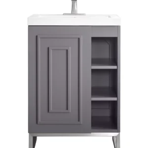 Alicante 24″ Single Vanity, Gray Smoke, Brushed Nickel w/ White Glossy Composite Stone Top
