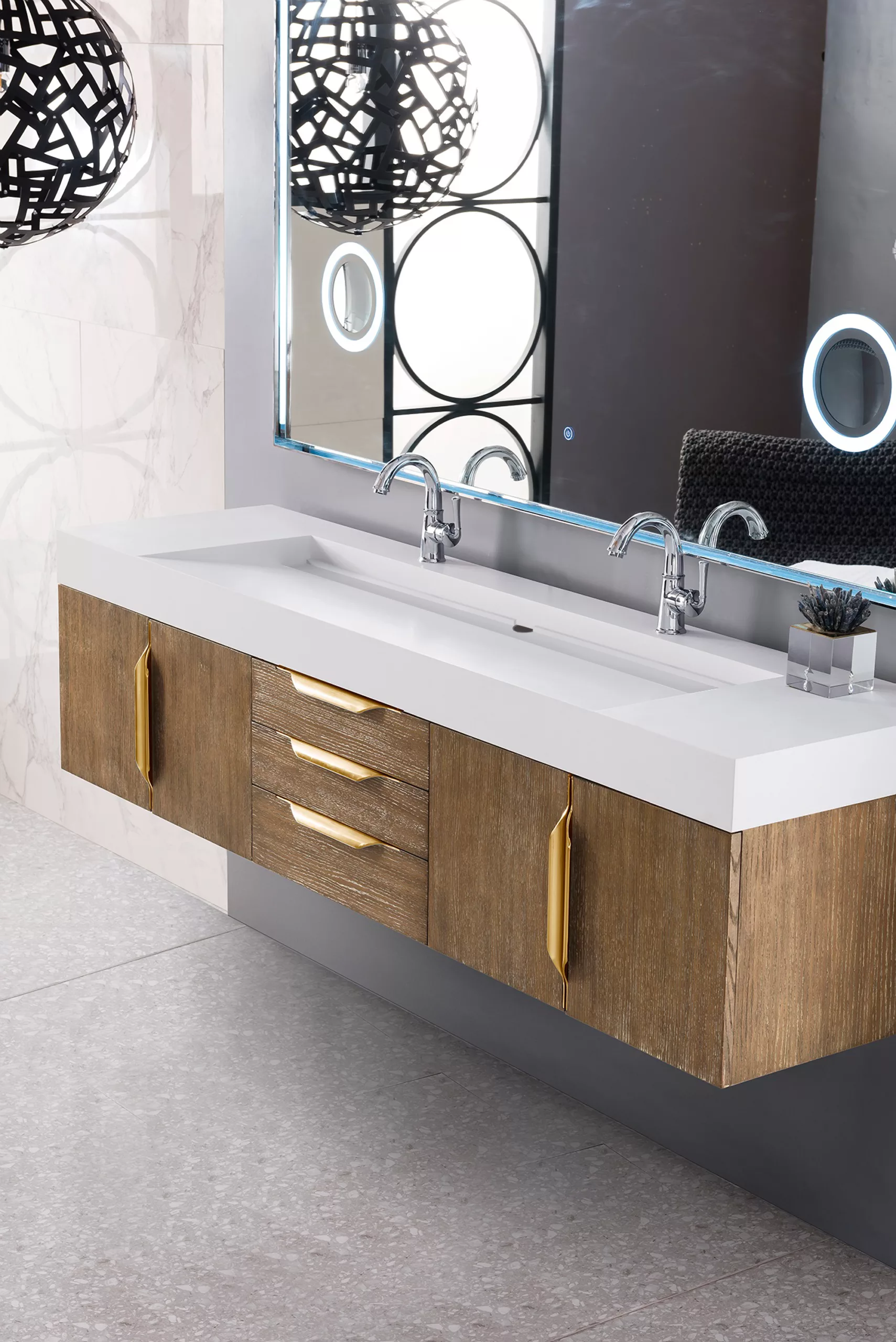 Mercer Island 72" Double Vanity,  Latte Oak, Radiant Gold w/ Glossy White Composite Stone Top - Image 3