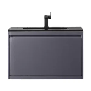 Milan 31.5″ Single Vanity, Modern Gray Glossy w/ Charcoal Black Composite Stone Top